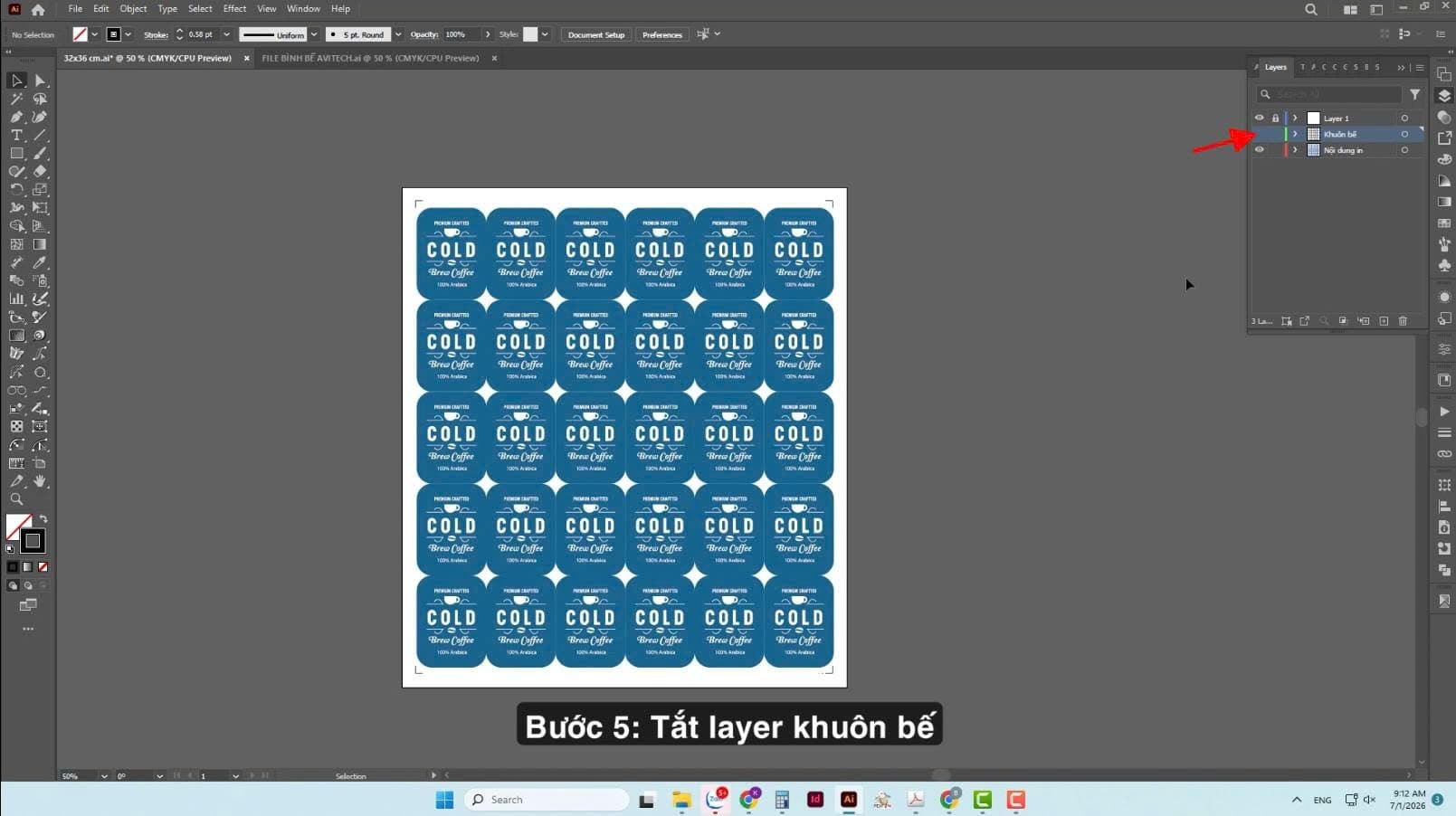 Tắt layer khuôn bế và ghi chú nội dung trên file in