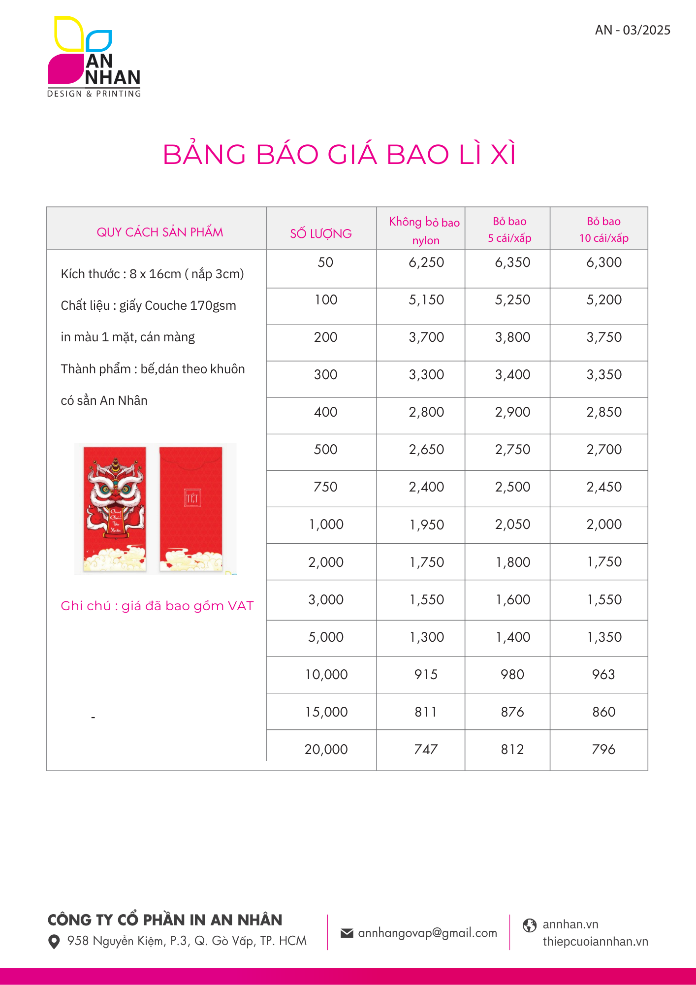 Bảng báo giá bao lì xì 8x16 cm